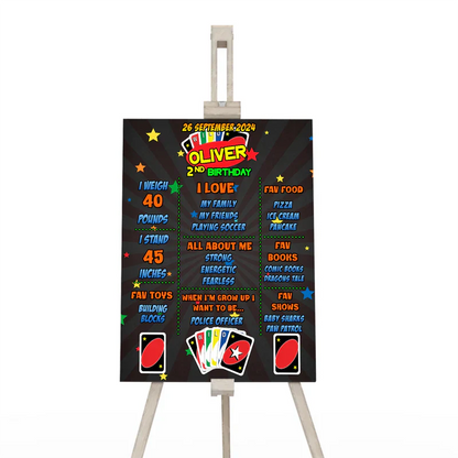 Uno milestone poster with child's name, age, and favorite things, colorful graphics, hung on party wall