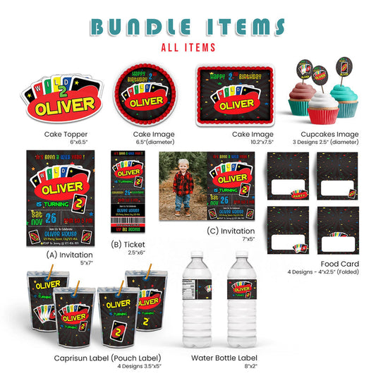 Uno personalized party pack with colorful digital templates, flat lay with editable printables on white background