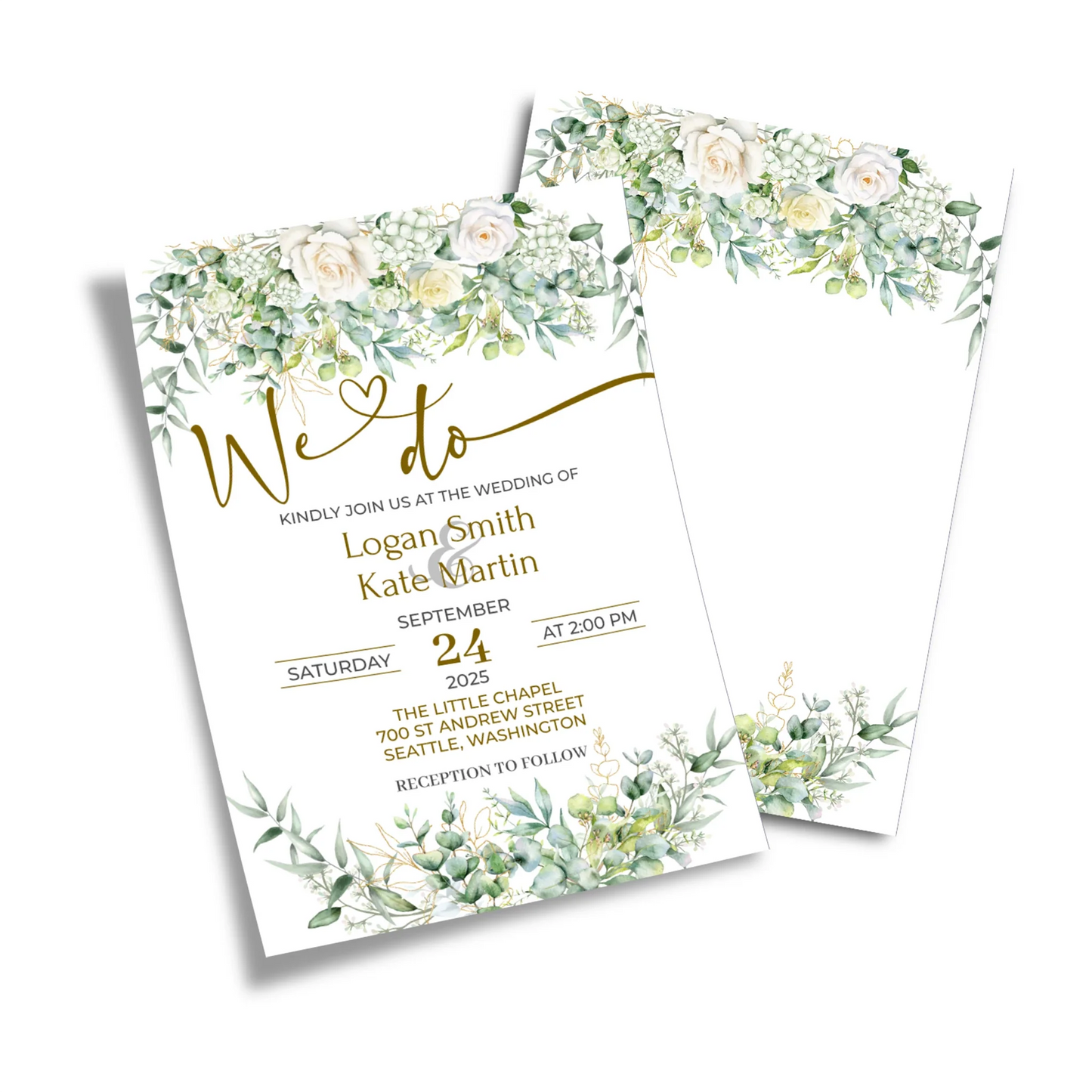 White Rose and Eucalyptus Leaves Printable DIY Wedding Invitations