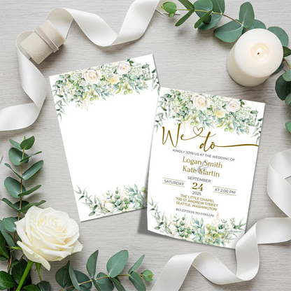 White Rose DIY Wedding, Floral Wedding Party Supplies, Eucalyptus Leaves Themed, DIY Wedding Digital Template, Editable White Rose and Eucalyptus Leaves Image SVG PNG