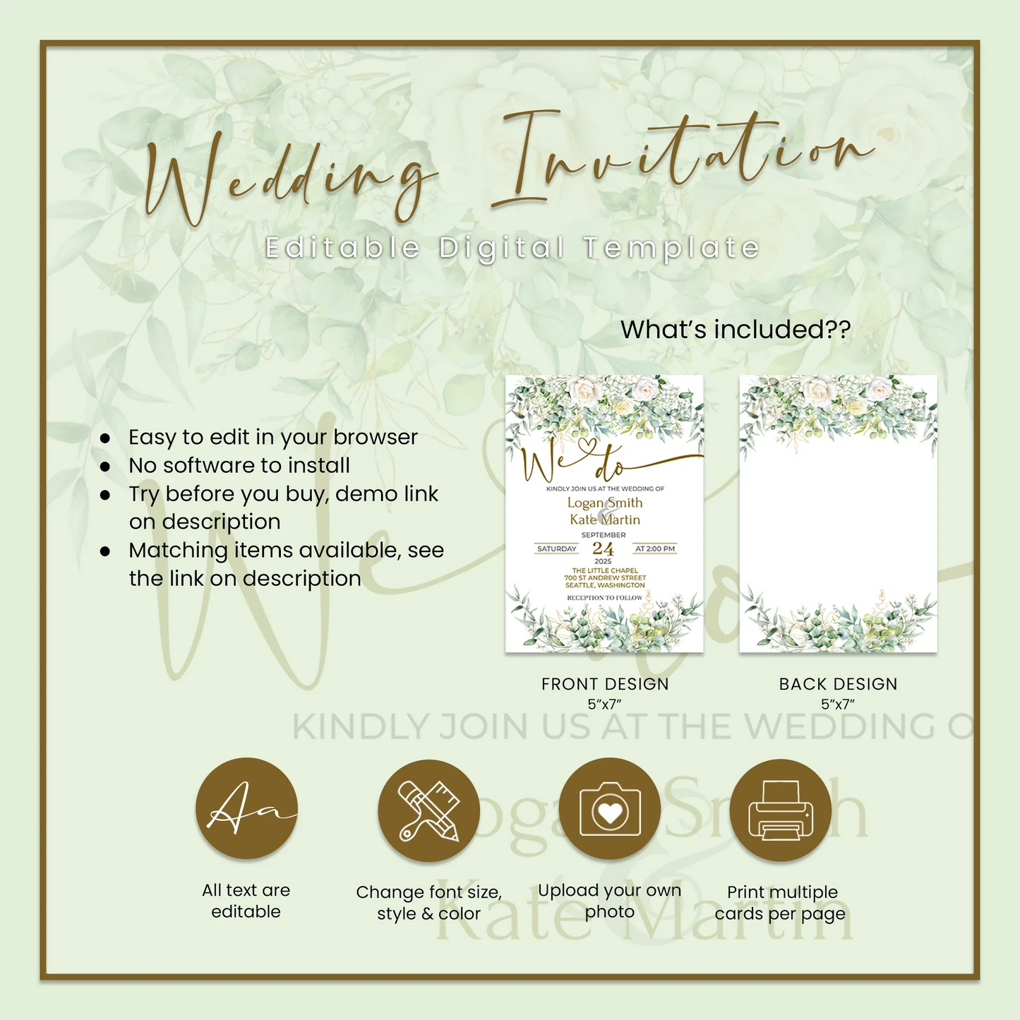 White Rose and Eucalyptus Leaves Personalized DIY Wedding Invitations
