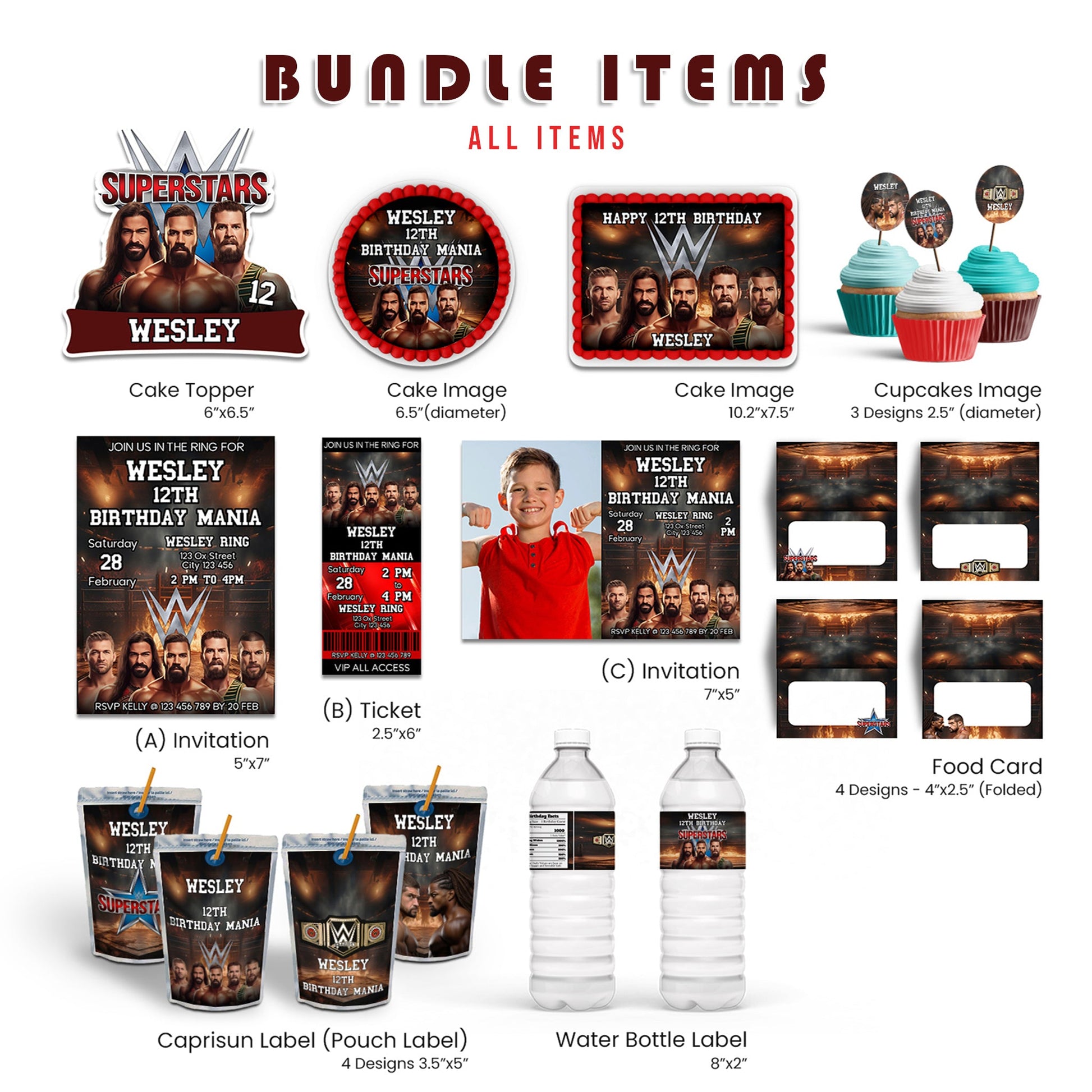 WWE WrestleMania Personalized Digital Template Party Pack - Customizable digital party templates featuring WWE WrestleMania designs for invitations, decorations, and more.