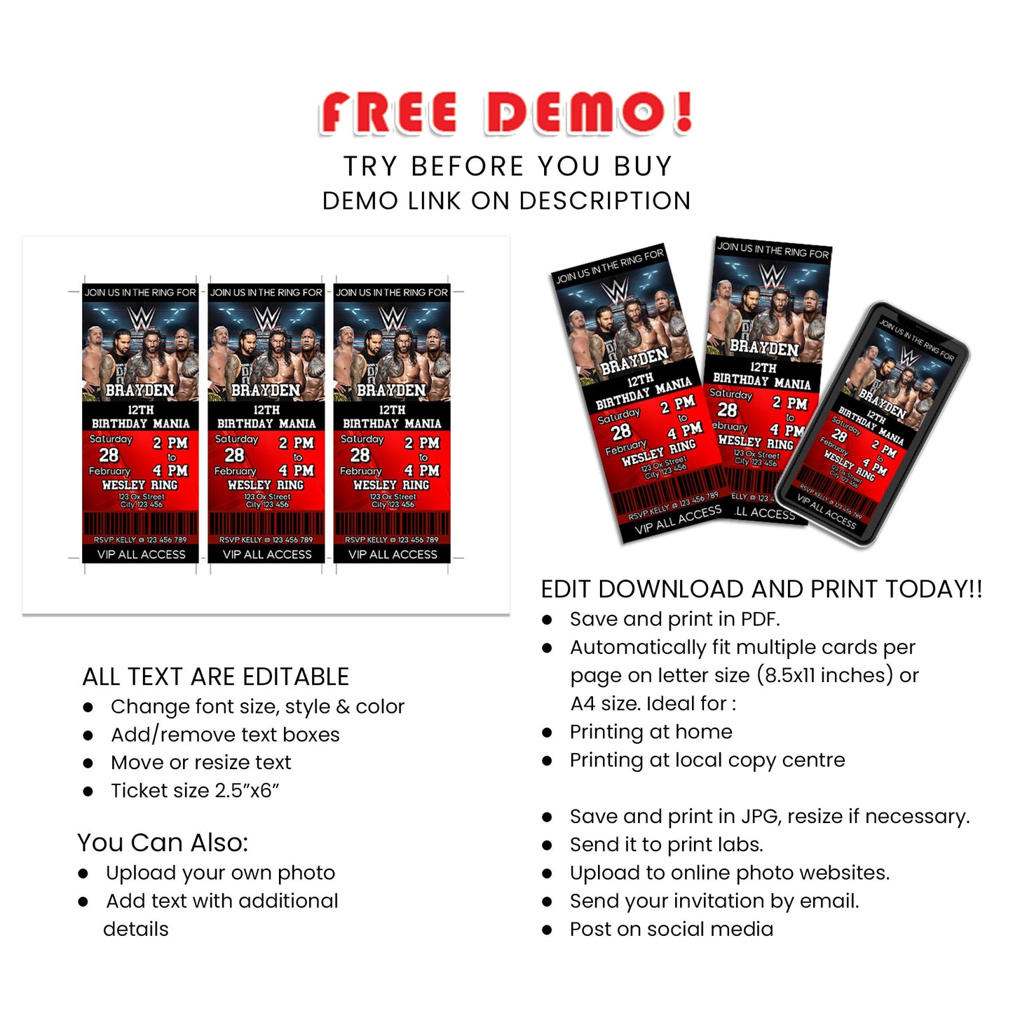 Personalized WWE The Bloodline Birthday Ticket Invitations - Make Your Guests Feel Special