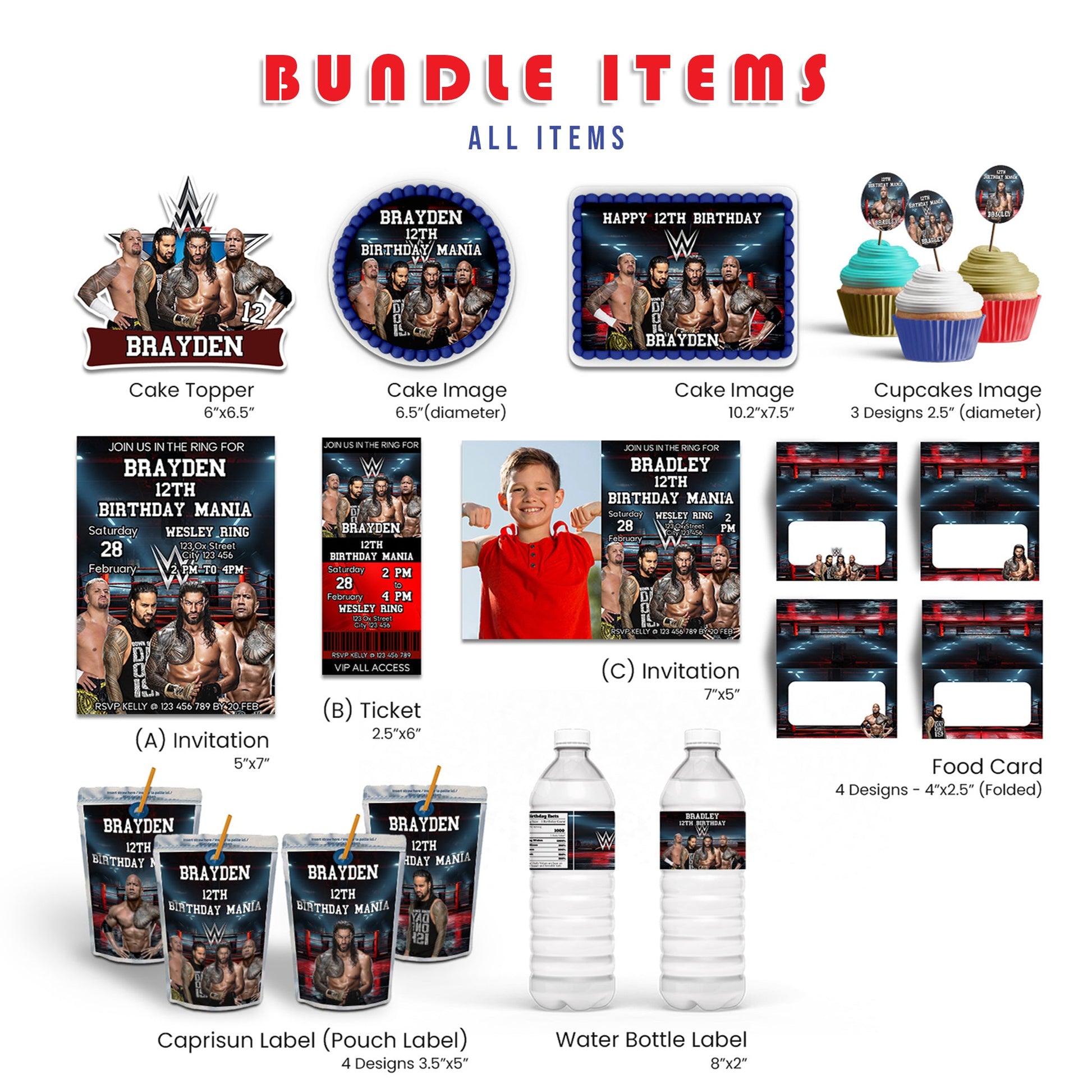 Custom WWE The Bloodline themed digital template party pack featuring invitations, banners, and other decorations.