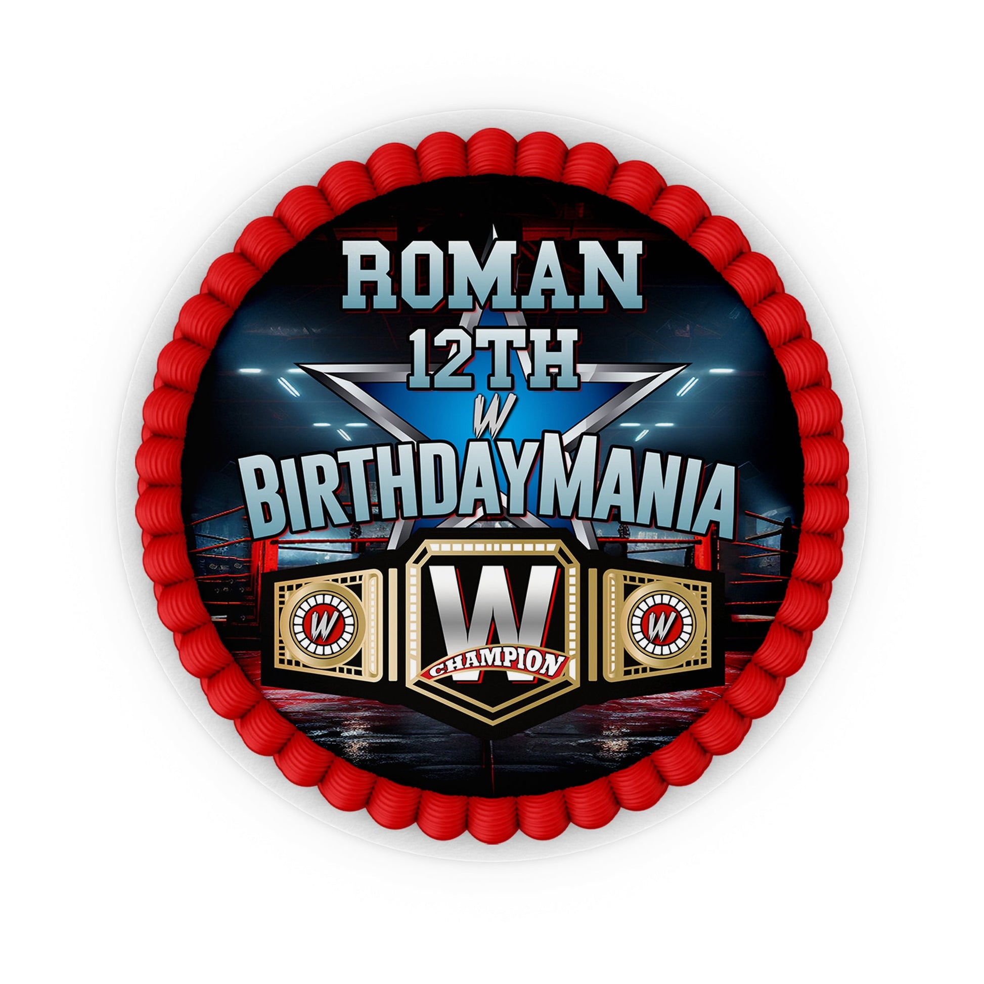 Round WWE Birthday Mania personalized cake images