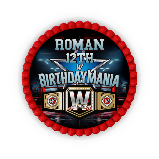 Round WWE edible sheet cake image with personalized design