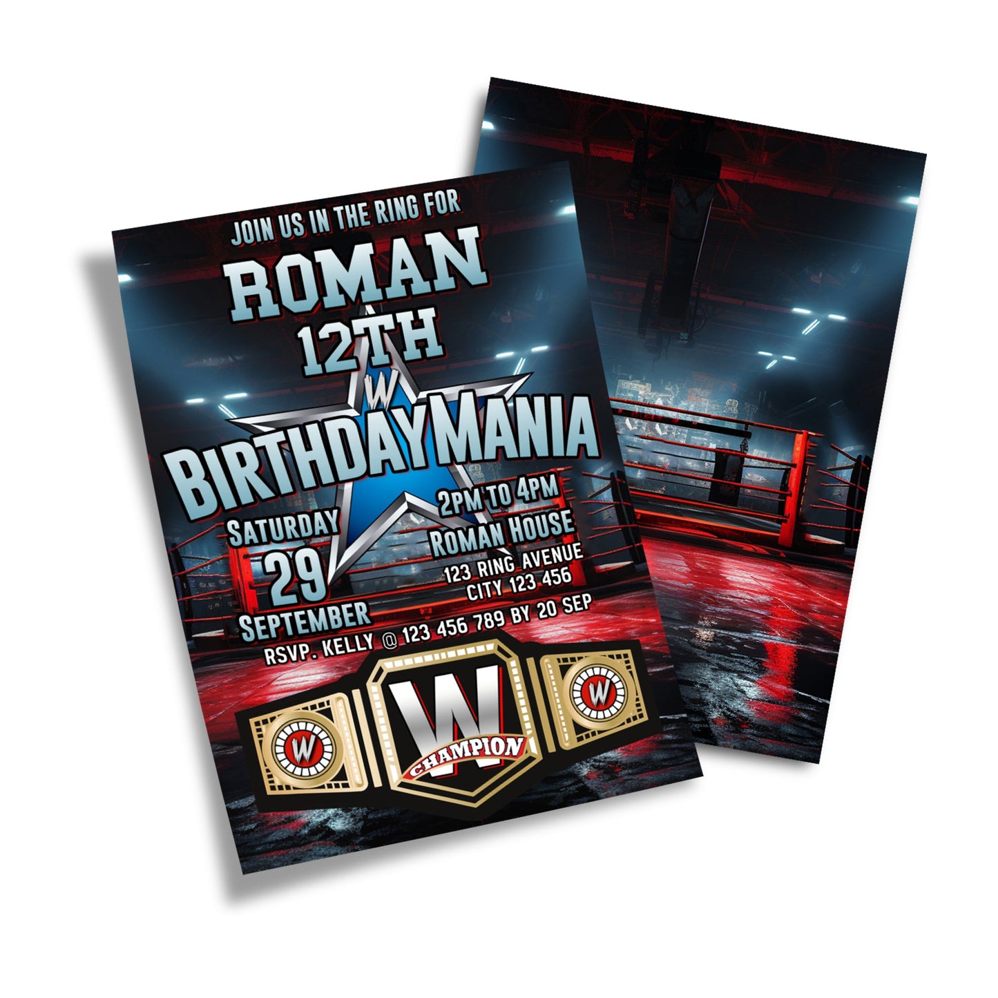 Custom WWE birthday card invitation with vibrant graphics