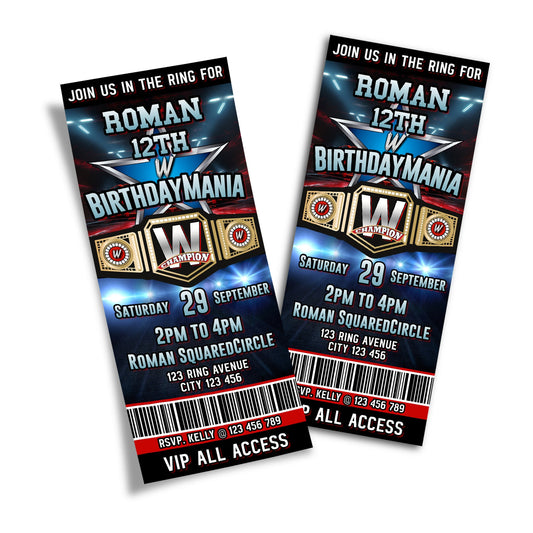 WWE-themed birthday ticket invitation, customizable with details