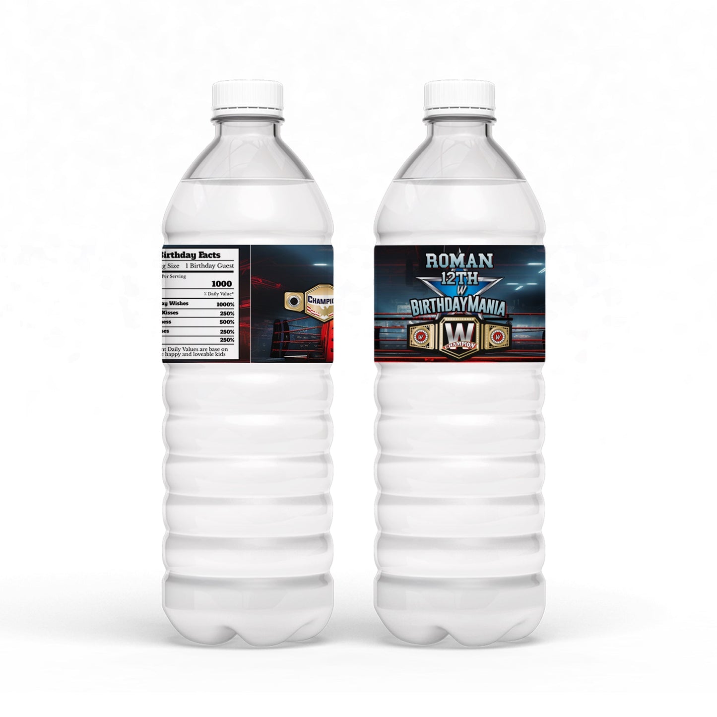 Customizable WWE water bottle label with wrestling icons