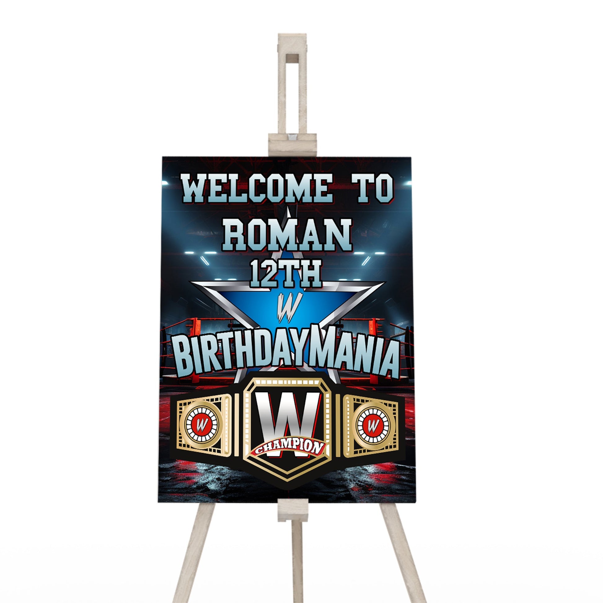 Welcome sign with WWE theme for parties