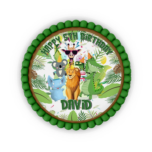 Zoo party personalized edible icing cake images with vibrant safari animal graphics and custom text flat lay
