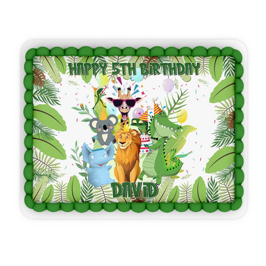 Zoo party personalized edible sheet cake images featuring a full jungle landscape and wild animal graphics flat lay