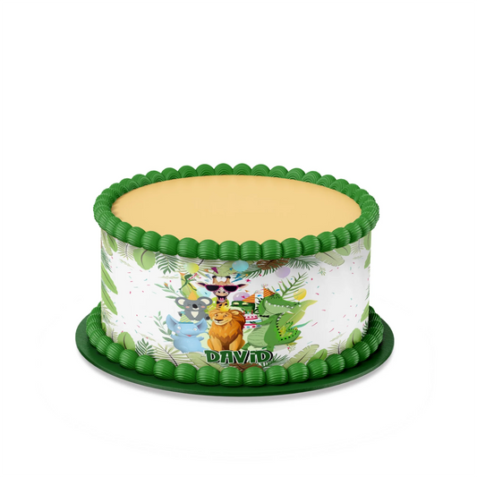 Zoo party personalized cake strips with repeating giraffe and zebra animal patterns for cake borders on white background
