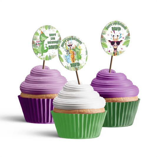 Zoo party personalized cupcakes toppers set with round safari animal face designs and green leaf accents on white background