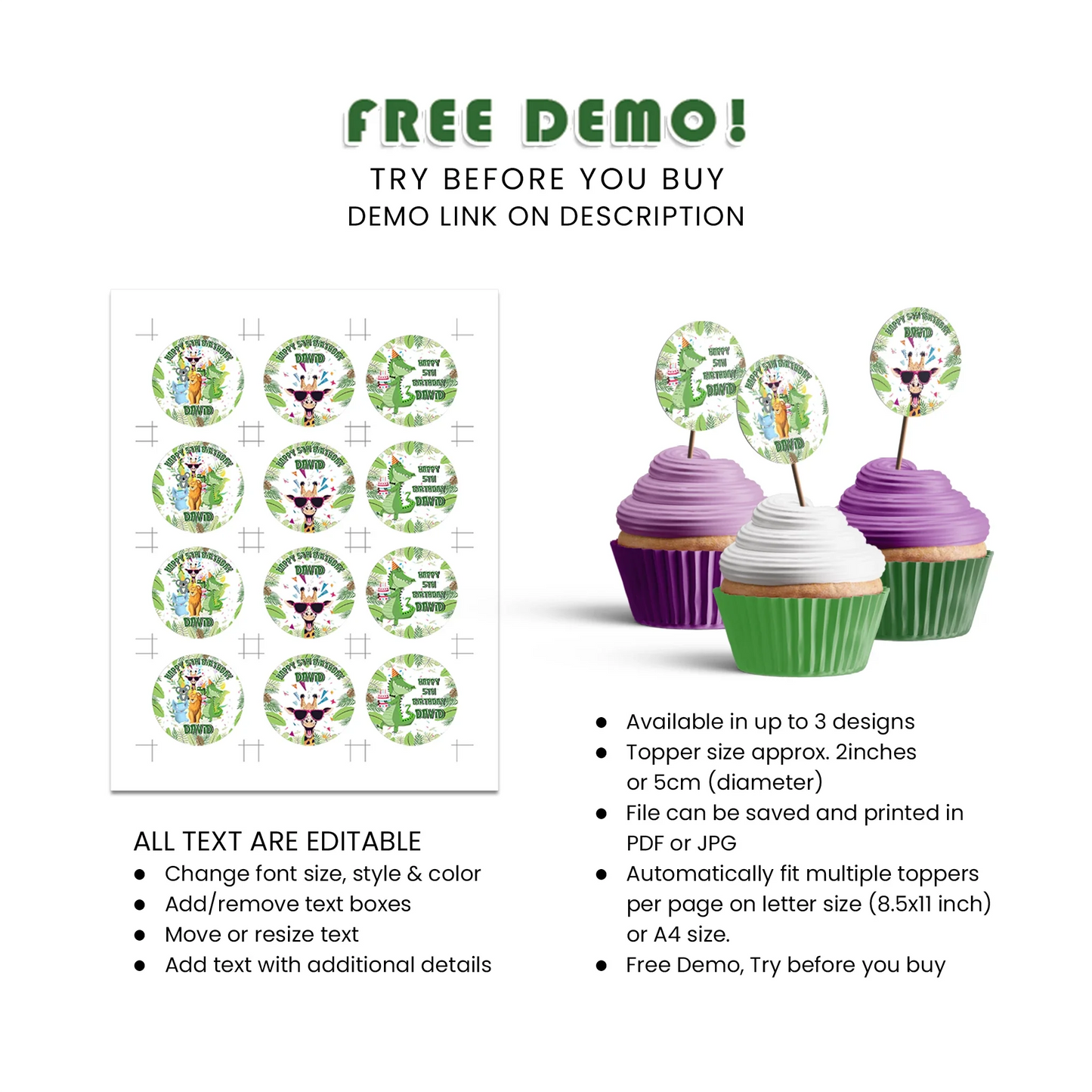 Zoo Party Personalized Cupcake Toppers Printable