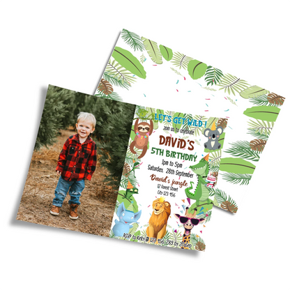Zoo party personalized photo card invitations with custom child photo frame and tropical jungle leaf borders flat lay