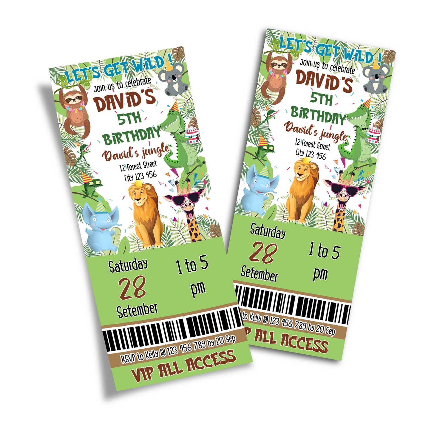 Zoo party personalized birthday ticket invitations with safari admission ticket graphics and custom text on white background