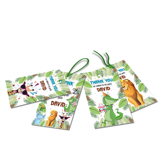 Zoo party thank you tags with friendly tiger and monkey illustrations and personalized message on white background