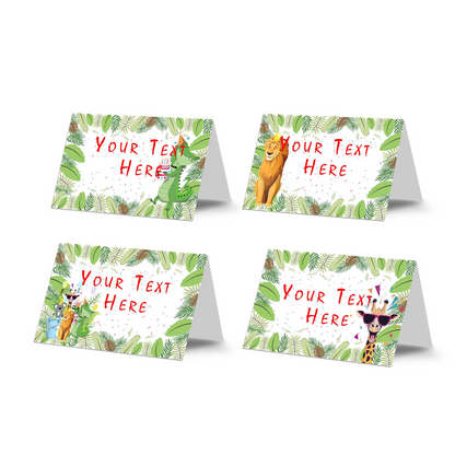 Zoo party food cards featuring safari animal borders and  space for custom labeling on white background