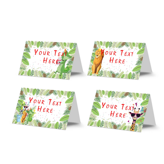 Zoo party food cards featuring safari animal borders and  space for custom labeling on white background