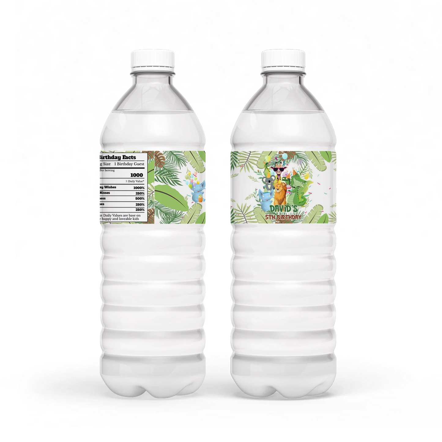 Zoo party water bottle label with green tropical leaves and cute safari animal patterns on white background