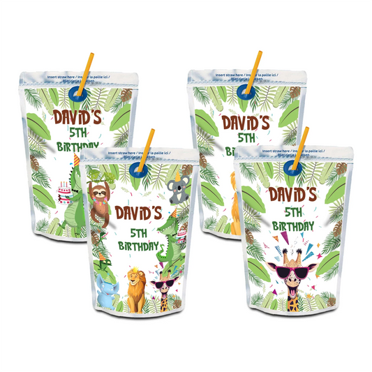 Zoo party juice pouch label with colorful zoo animal graphics and personalized birthday name on white background