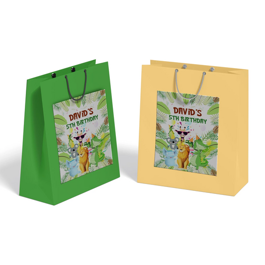 Zoo party goodie bag label with safari animal illustrations and personalized thank you text on white background
