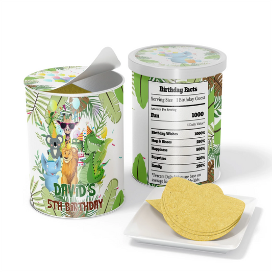 Zoo party small Pringles label with custom giraffe print and personalized birthday name on white background