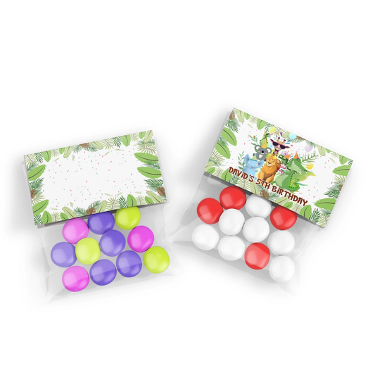 Zoo party treat bag topper label with colorful animal faces and custom text on white background