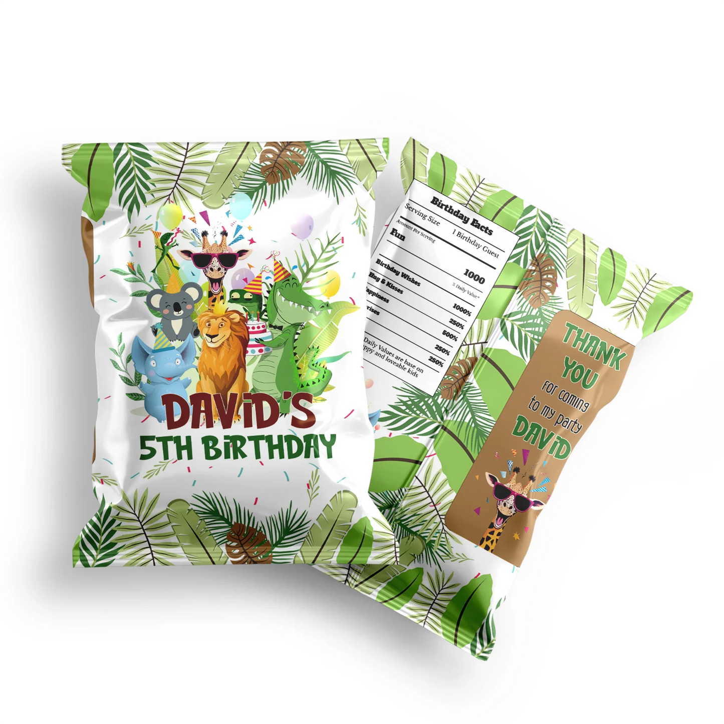 Zoo party chips bag label with a vibrant jungle landscape and custom birthday name on white background