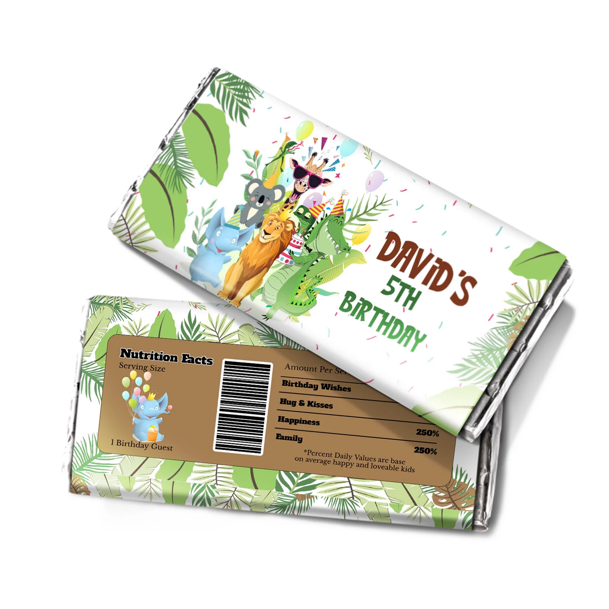 Zoo party chocolate label with zebra patterns and personalized birthday text for candy bars on white background