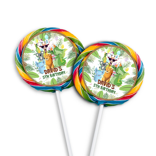 Zoo party lollipop label featuring a round lion illustration and personalized name on white background
