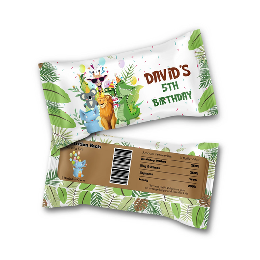 Zoo party skittles label with colorful jungle animals and custom birthday name on white background
