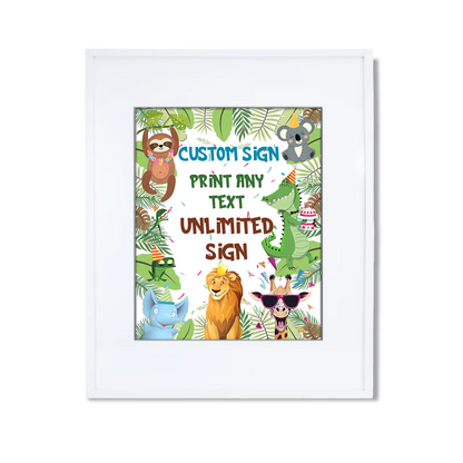Zoo party custom sign with bold safari typography and animal illustrations for party decor on white background