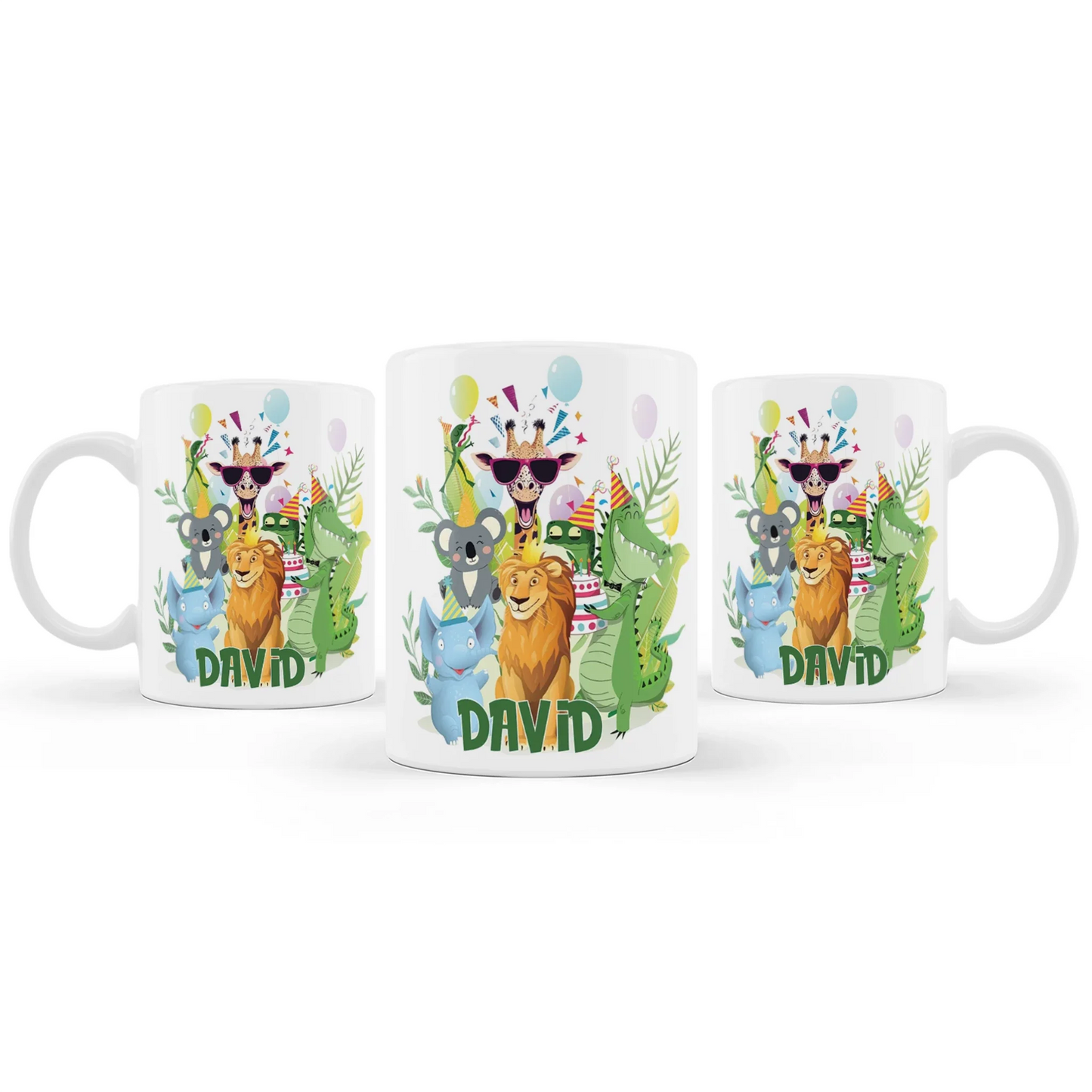 Zoo party sublimation mug featuring a wrap-around safari animal design and custom name on white background
