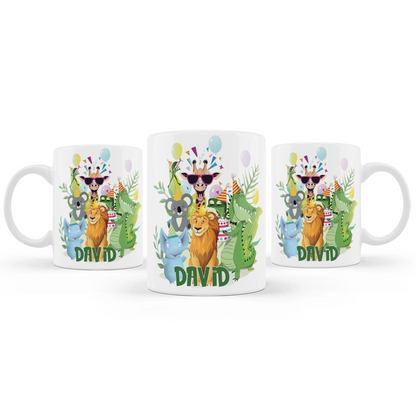 Zoo party sublimation mug featuring a wrap-around safari animal design and custom name on white background