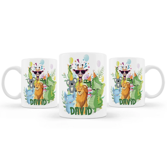 Zoo party sublimation mug featuring a wrap-around safari animal design and custom name on white background