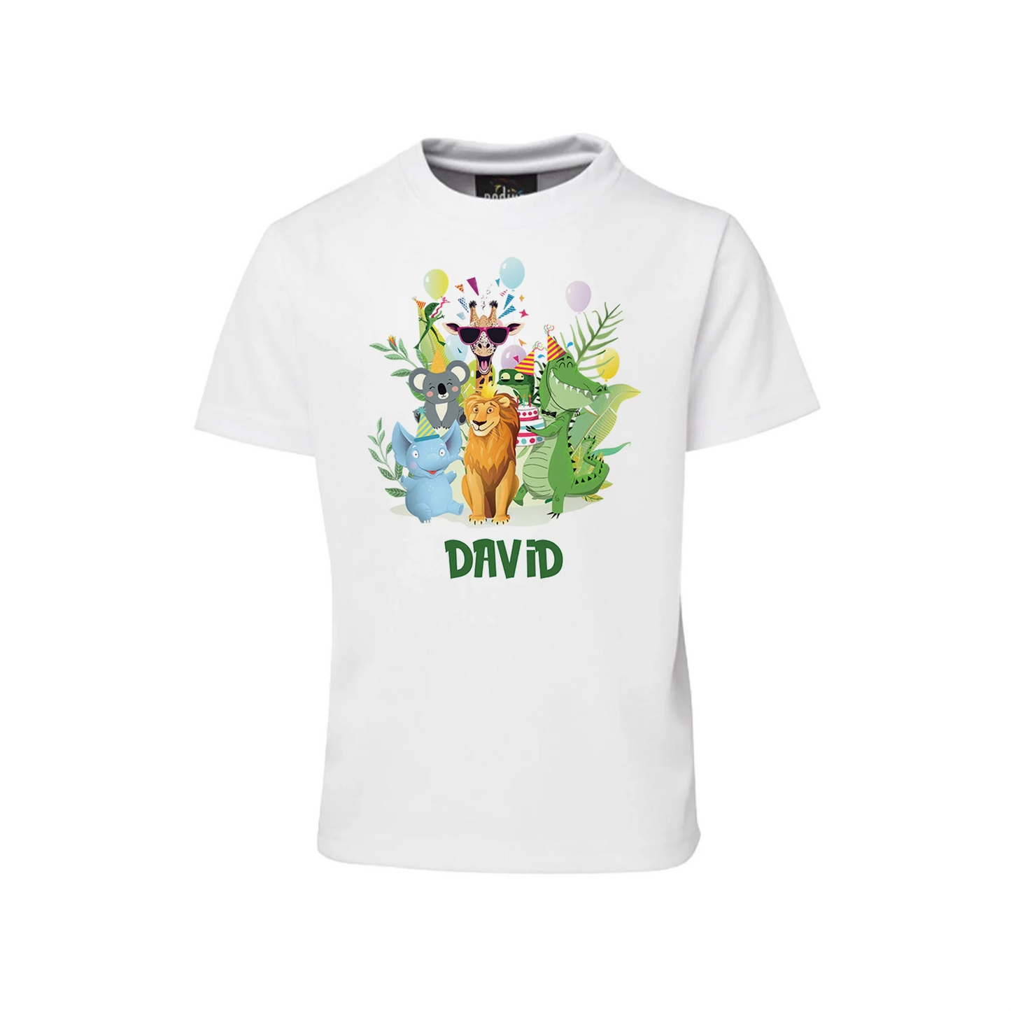 Zoo party sublimation t-shirt featuring a colorful group of zoo animals and custom birthday name flat lay