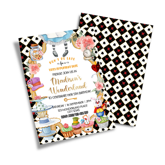 Personalized Birthday Card Invitations featuring Alice in Wonderland design