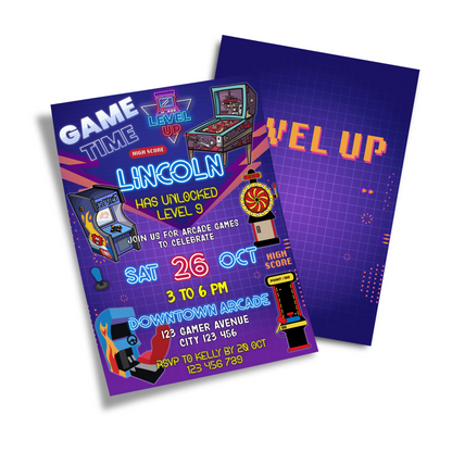 Personalized Birthday Card Invitations featuring Arcade Games design