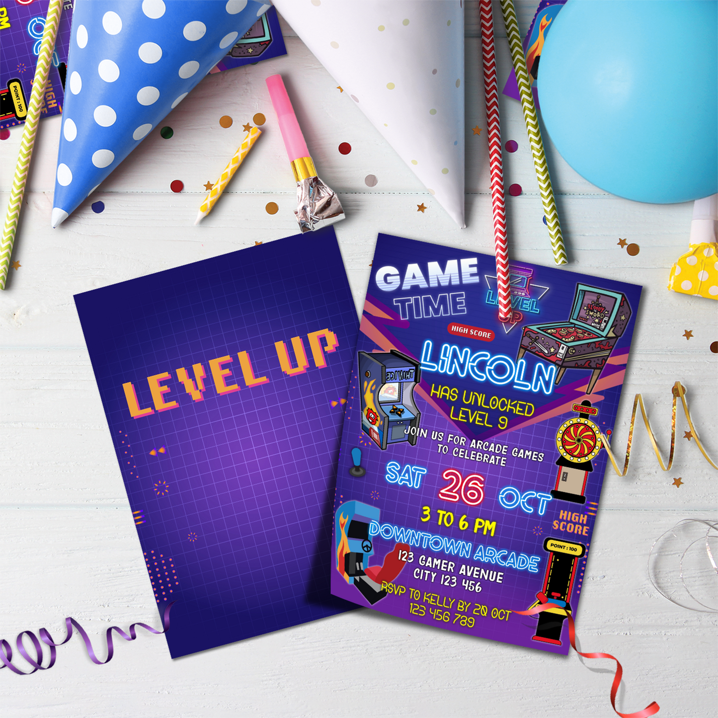 Personalized Birthday Card Invitations featuring Arcade Games design