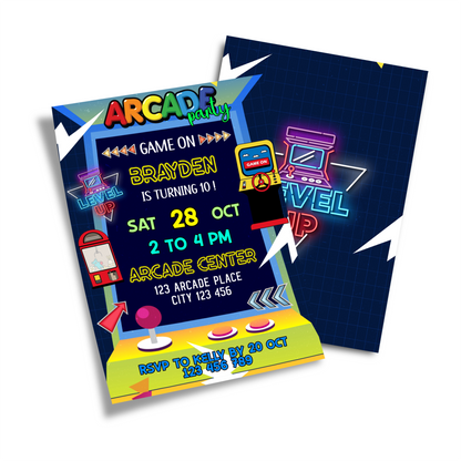 Personalized Birthday Card Invitations featuring Arcade Games design