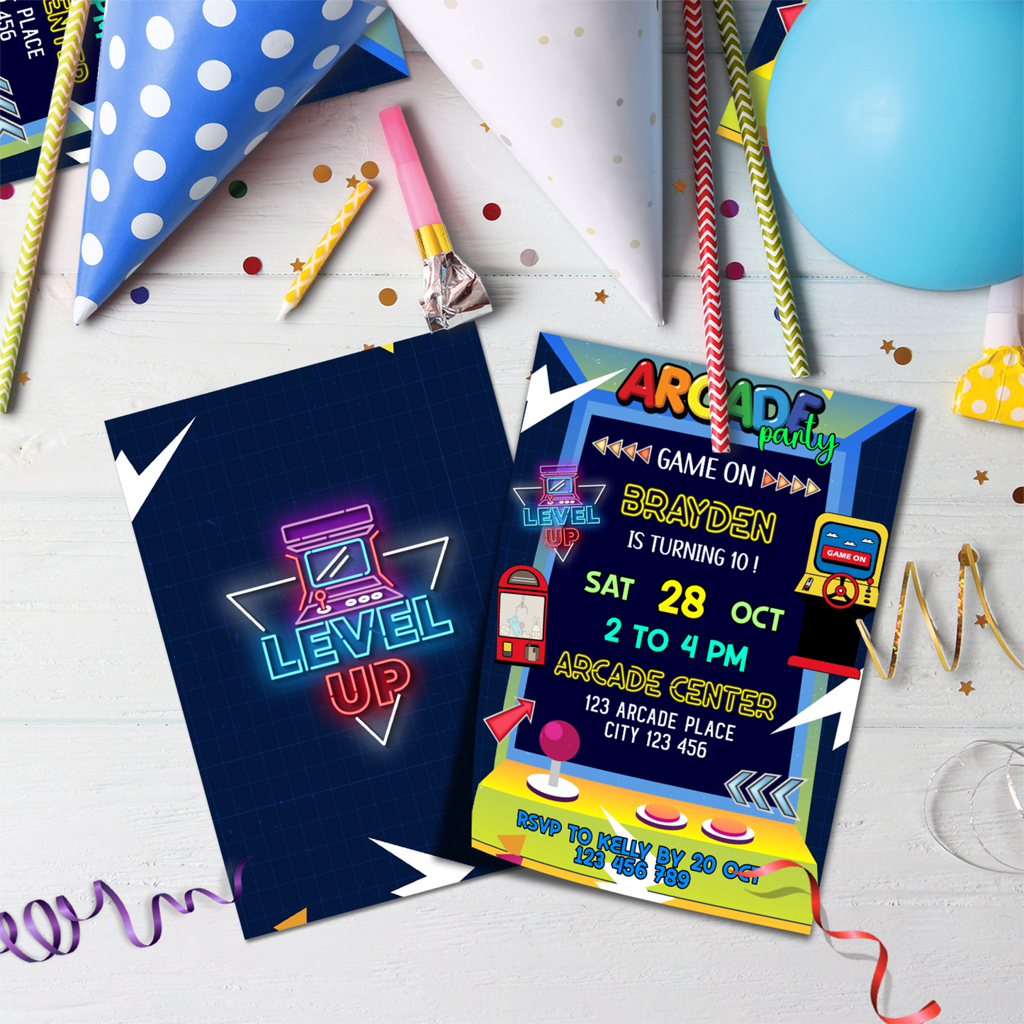 Personalized Birthday Card Invitations featuring Arcade Games design