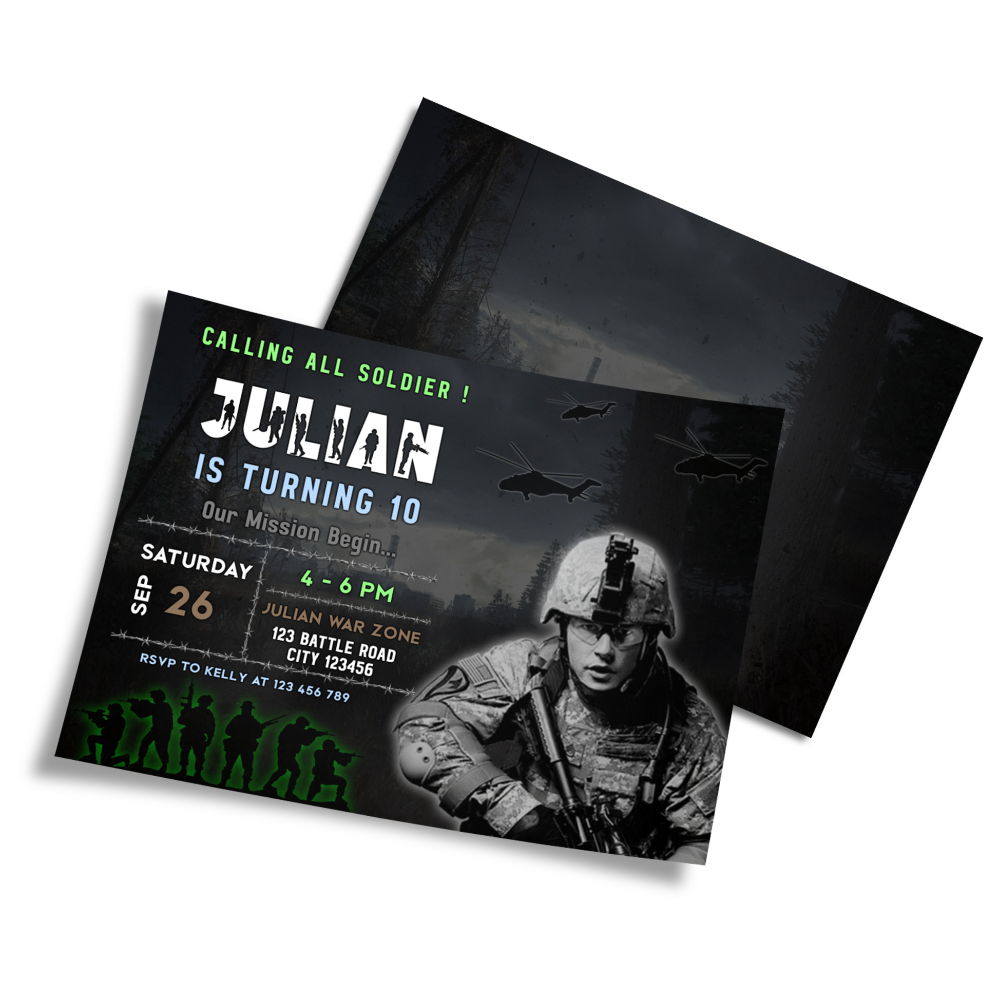 Army Personalized Birthday Card Invitations: A digital image of personalized army-themed birthday card invitations.