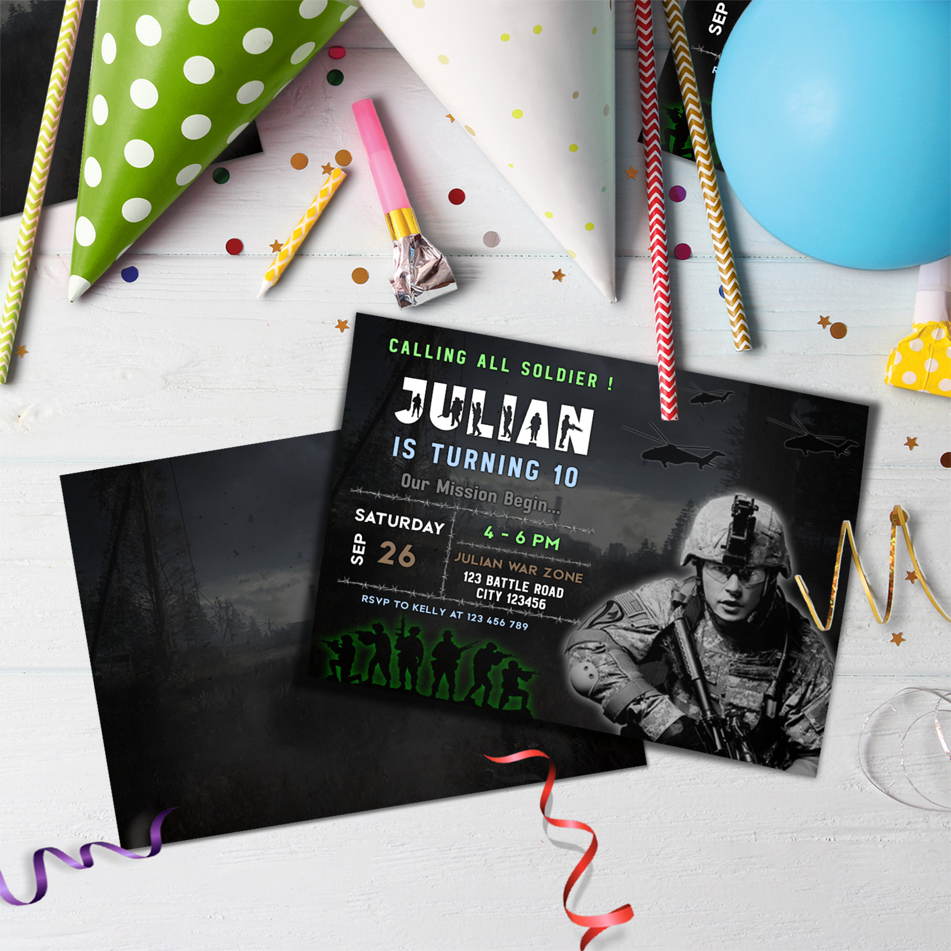 Army Personalized Birthday Card Invitations: A digital image of personalized army-themed birthday card invitations.