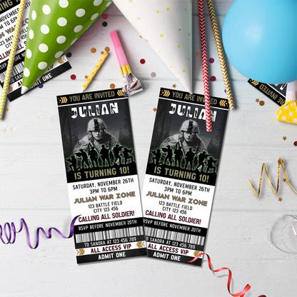 Army Personalized Birthday Ticket Invitations: A digital image of personalized army-themed birthday ticket invitations.