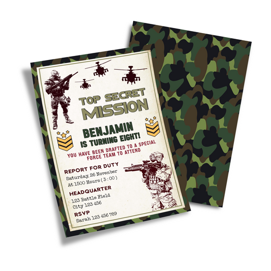 Army Personalized Birthday Card Invitations: A digital image of personalized army-themed birthday card invitations.