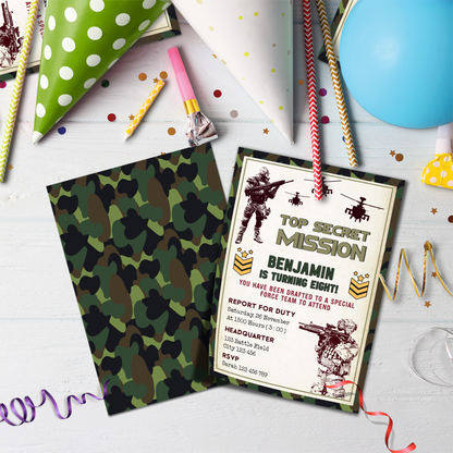 Army Personalized Birthday Card Invitations: A digital image of personalized army-themed birthday card invitations.