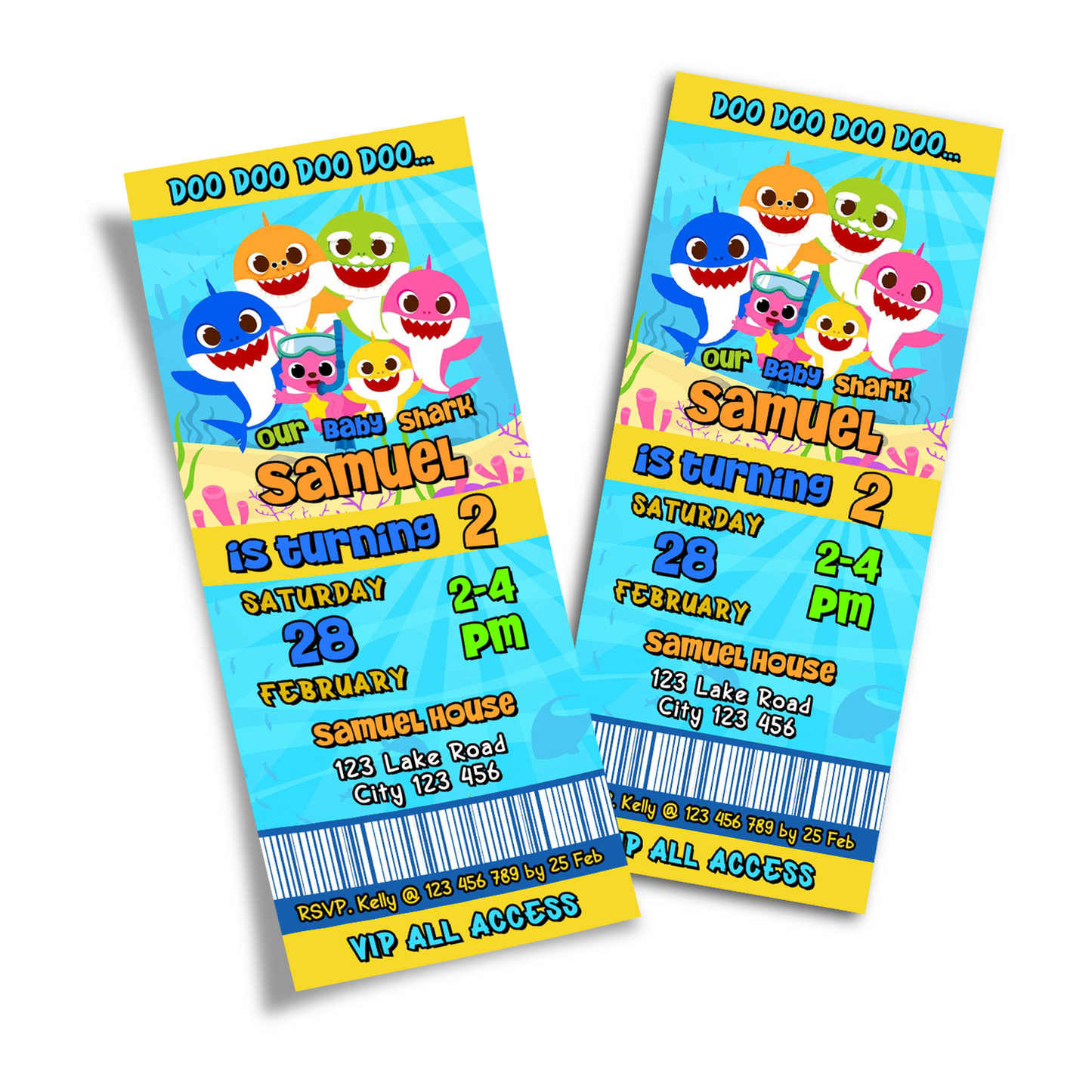 Baby Shark themed Personalized Birthday Ticket Invitations