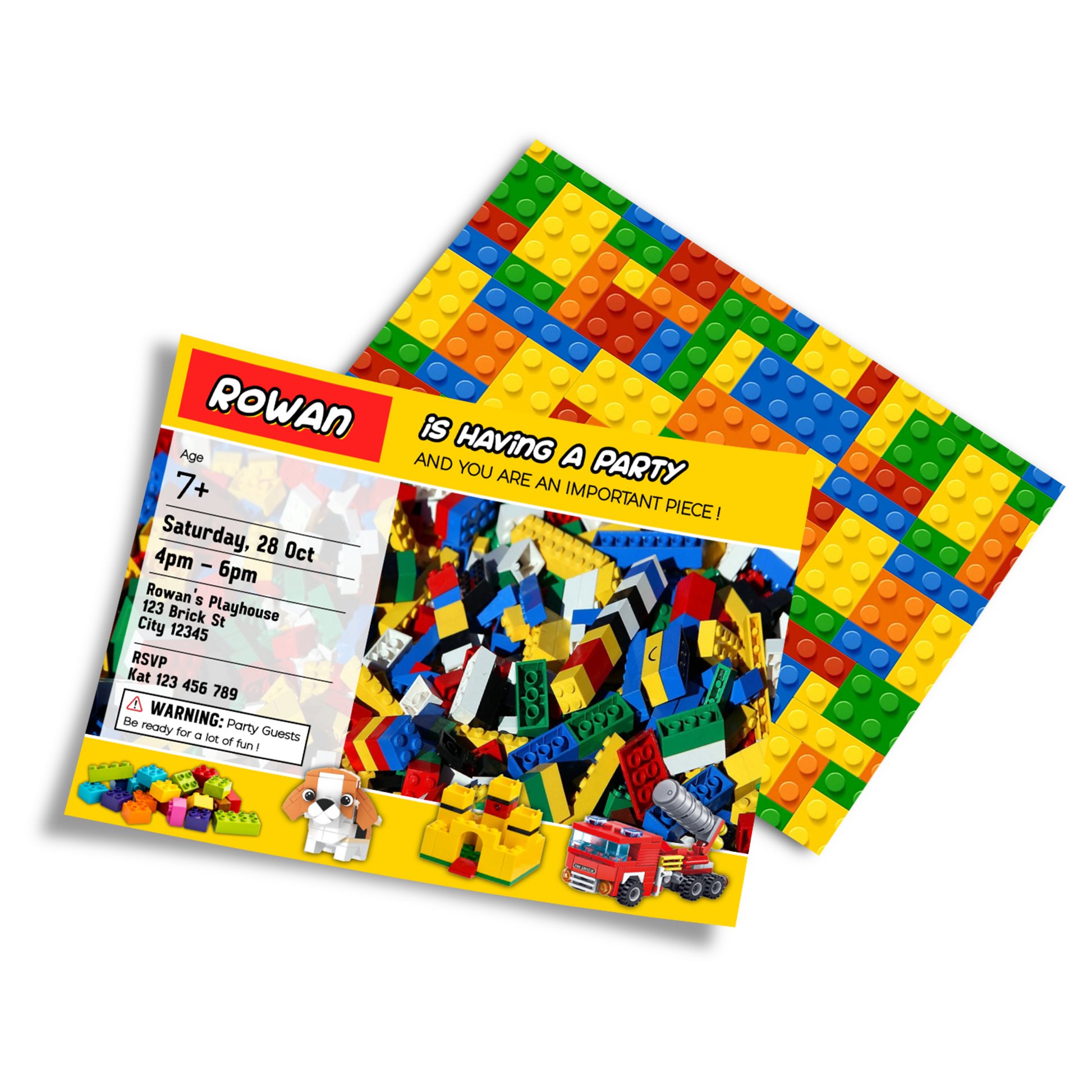 Personalized birthday card invitations with a Lego, Building Blocks theme